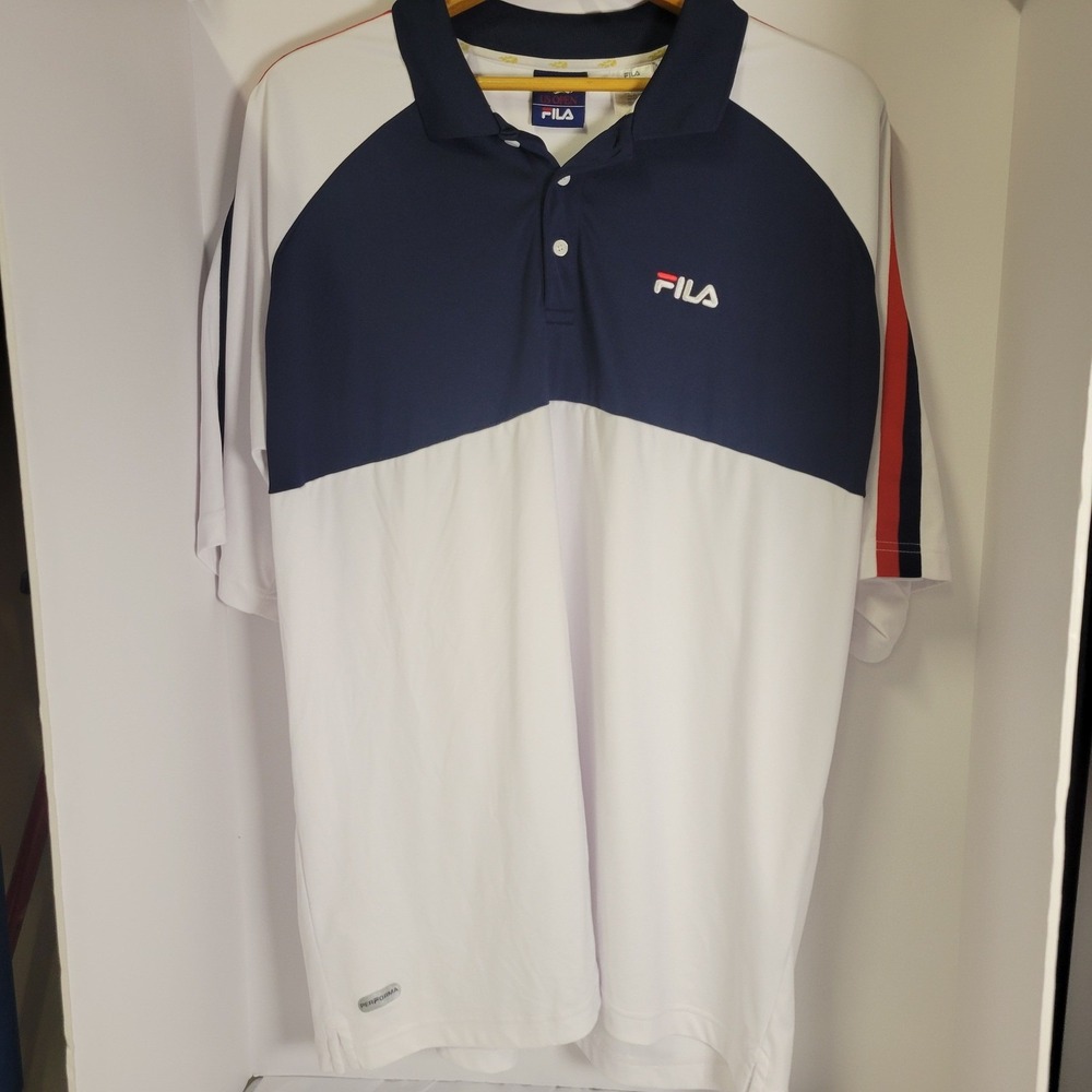 Fila US Open Mens XXL Performa Tennis Polo Shirt White Navy Blue Colorblock